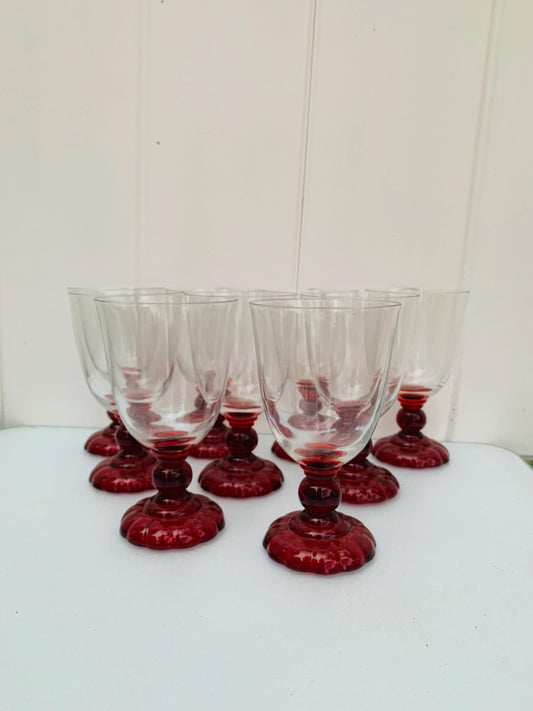 Set of 9 Antique Ruby Red Stem Wine Glasses