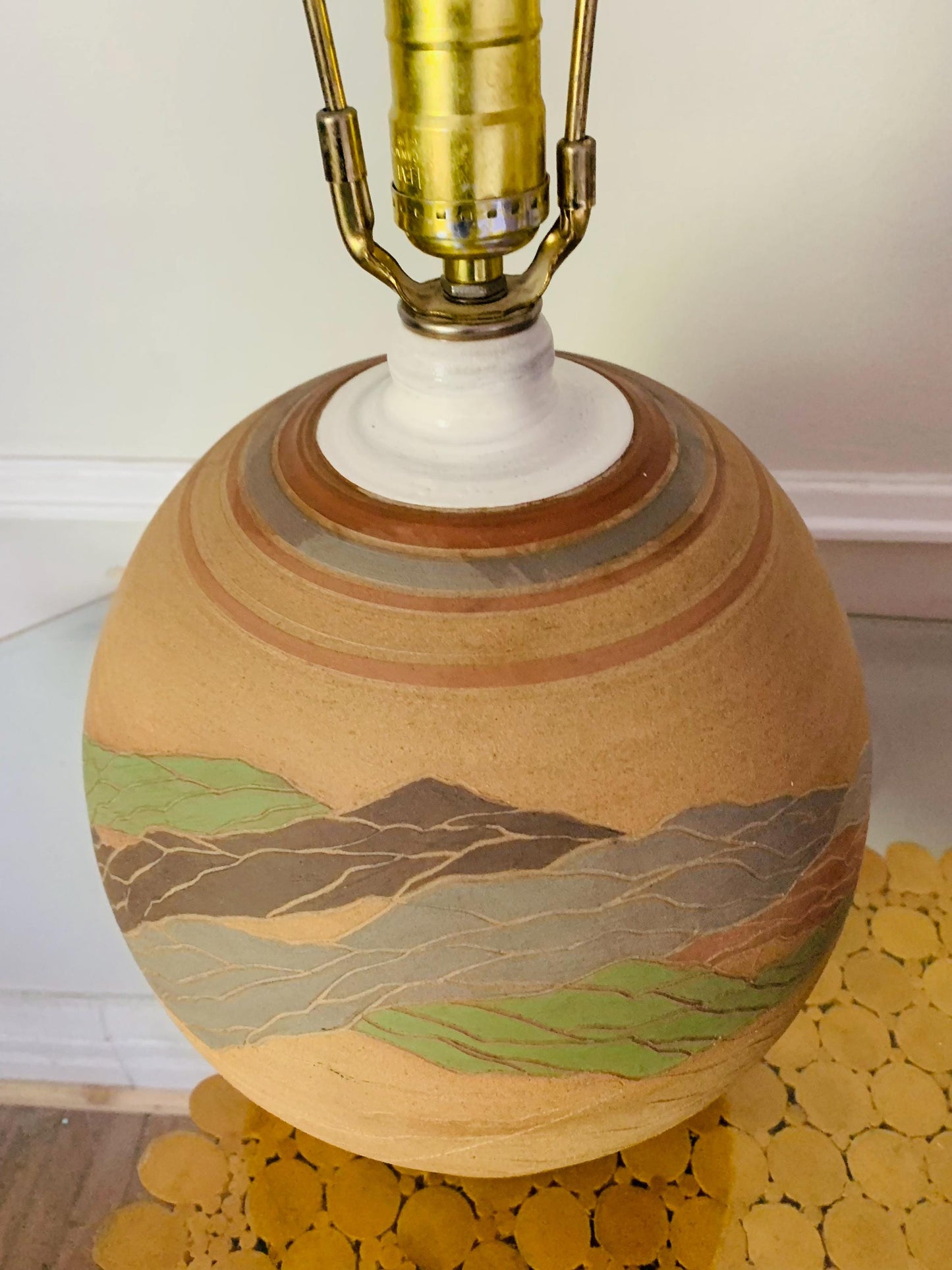 Retro Natural Terra Cotta Lamp with Painted Design No Shade