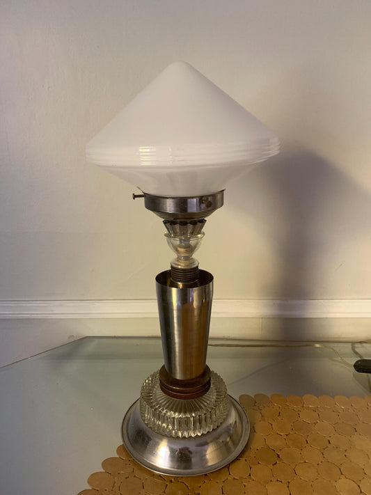 Tall Chrome Metal and Glass Table Lamp with Glass Shade