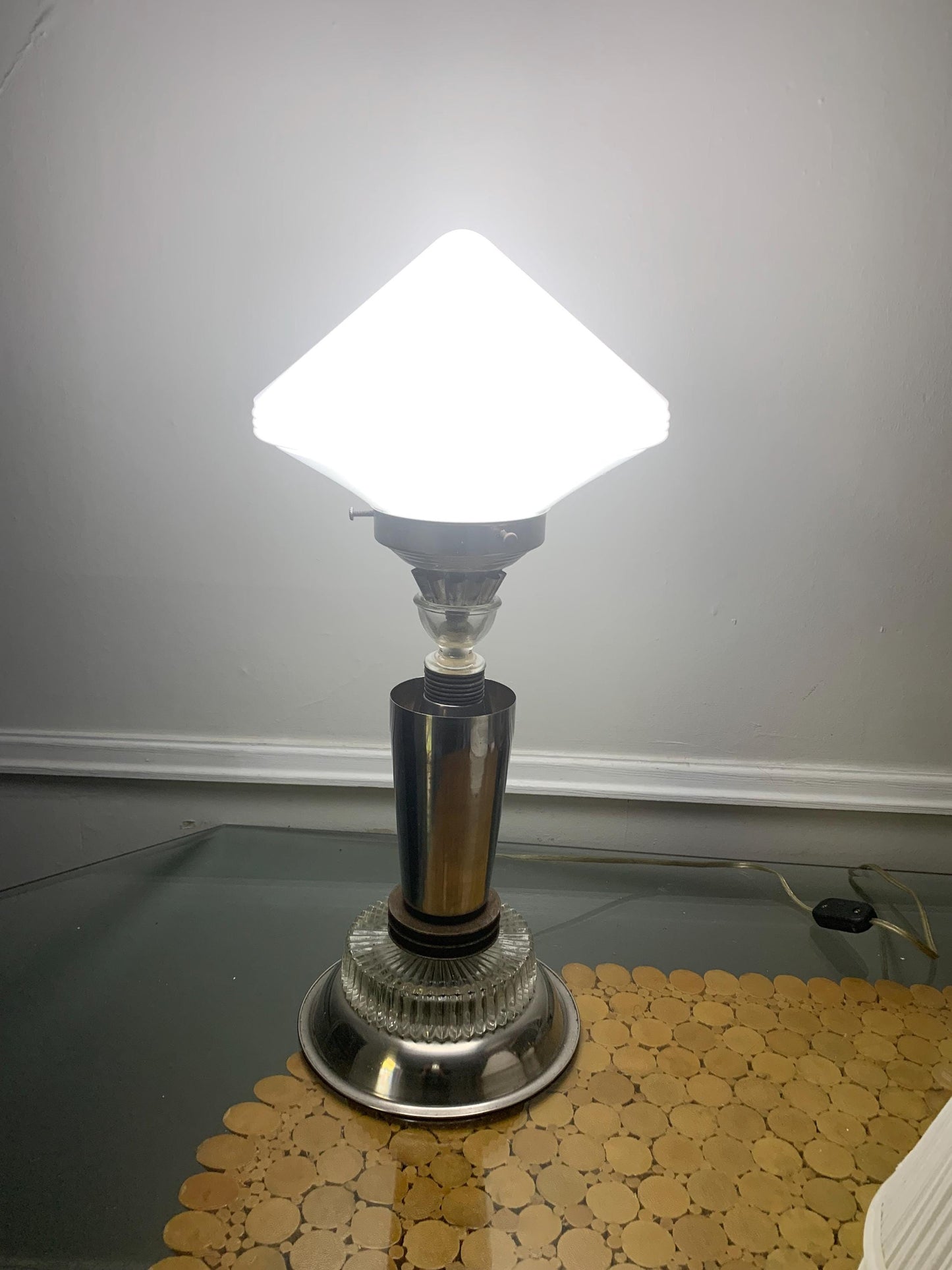 Tall Chrome Metal and Glass Table Lamp with Glass Shade