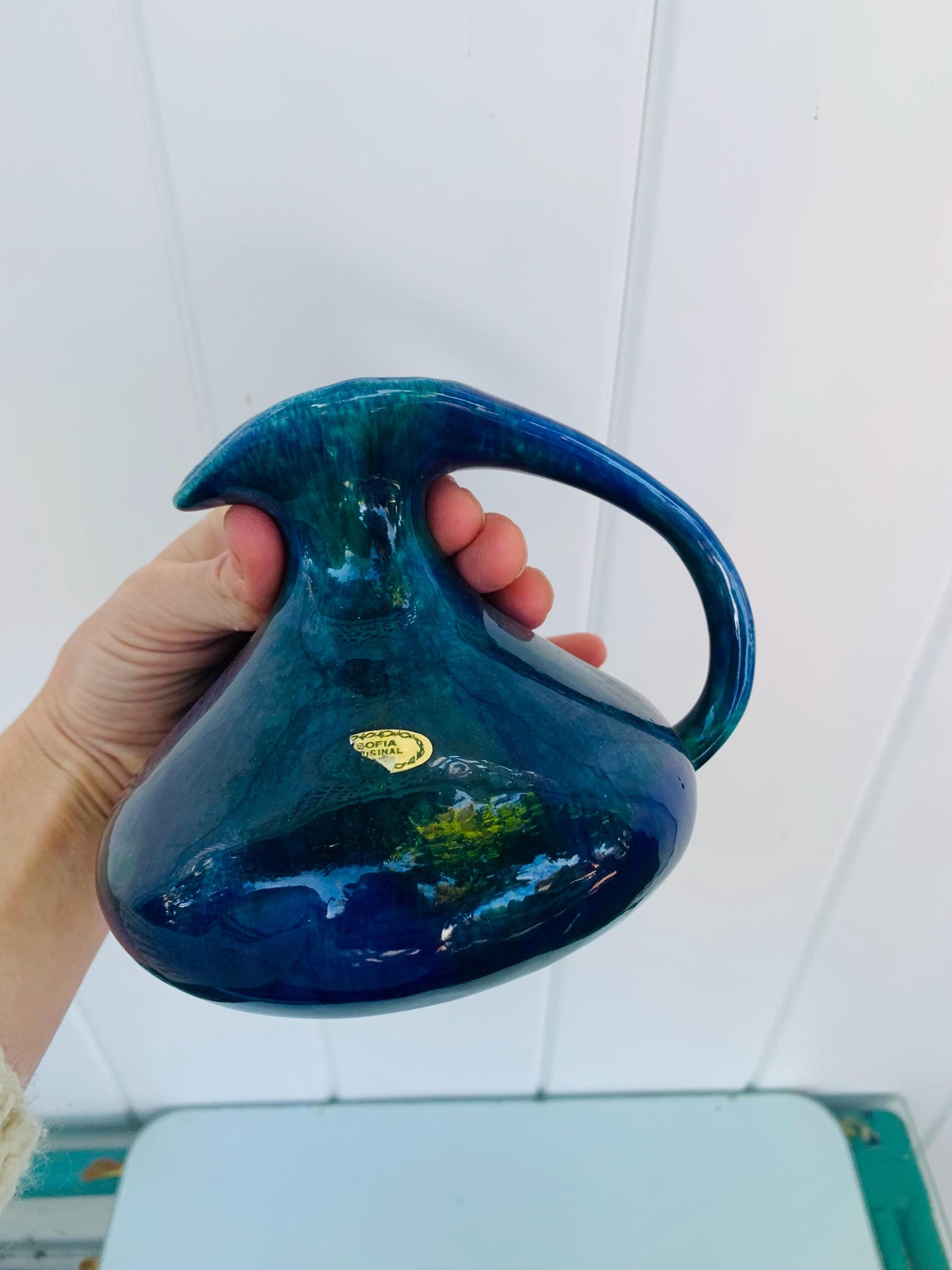 Handmade Vintage Small Blue Pottery Jug with Handle
