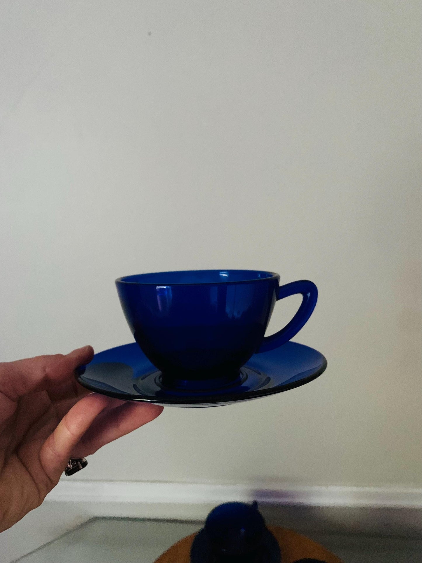 Set of 4 Vintage Cobalt Blue GlassTeacup & Saucer