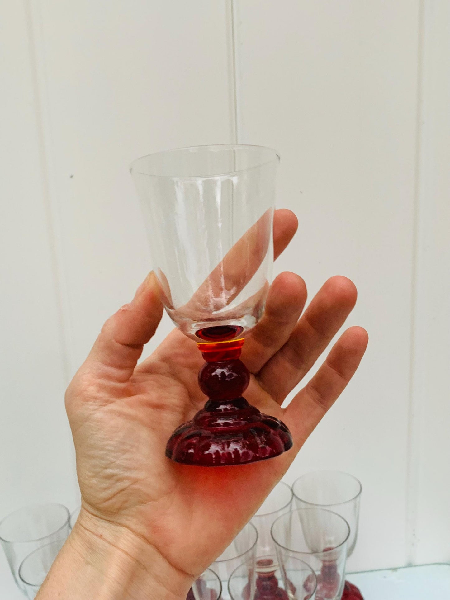 Set of 12 Antique Ruby Red Stem Cordial Glasses