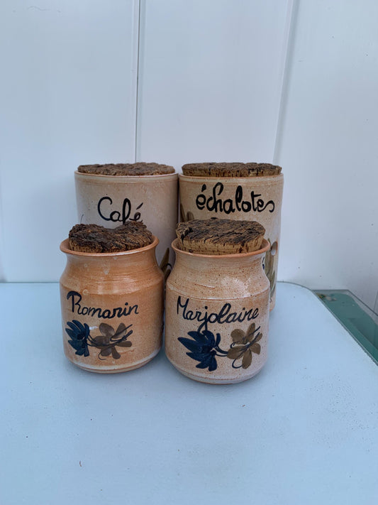 Set of 4 Pottery Canisters with Hand Painted Designs with Cork Tops