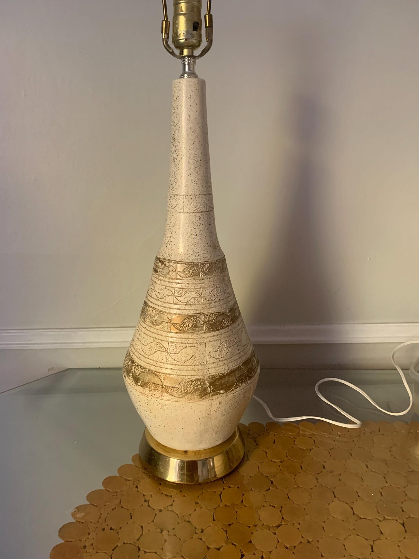 Tall MCM Cream and Gold Chalkware Table Lamp No Shade