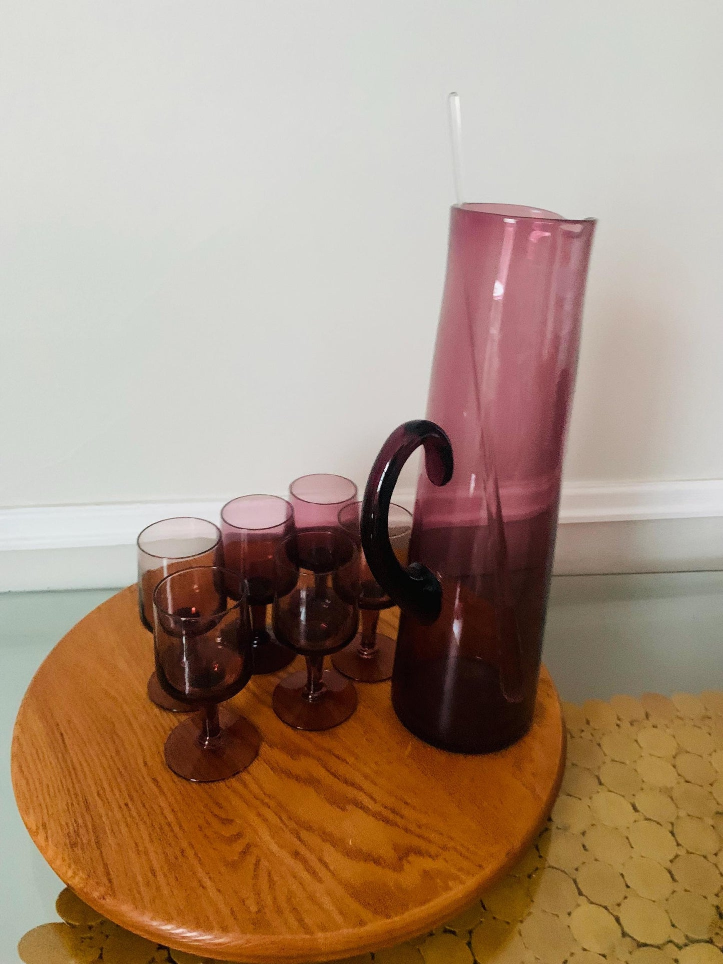 MCM Deep Purple Tall Glass Jug with 6 Matching Short Wine Glasses with Stir Stick