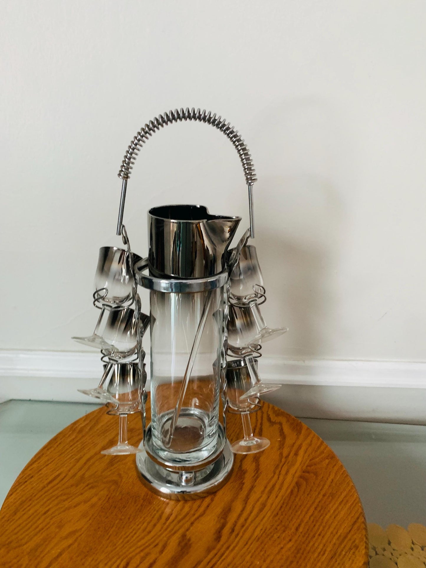 MCM Silver Fade Decanter with Matching Short Glasses in Chrome Caddy
