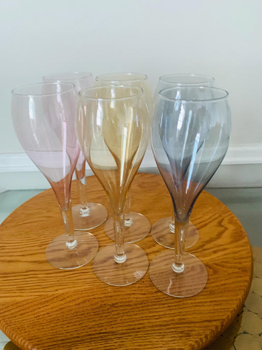 Vintage Set of 6 Iridescent Pastel Wine Glasses