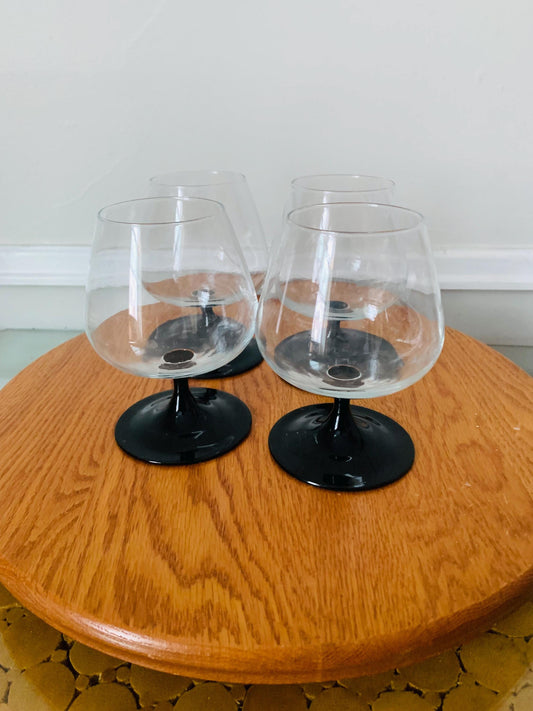 Set of 4 Black Stem Snifter Cognac Glasses