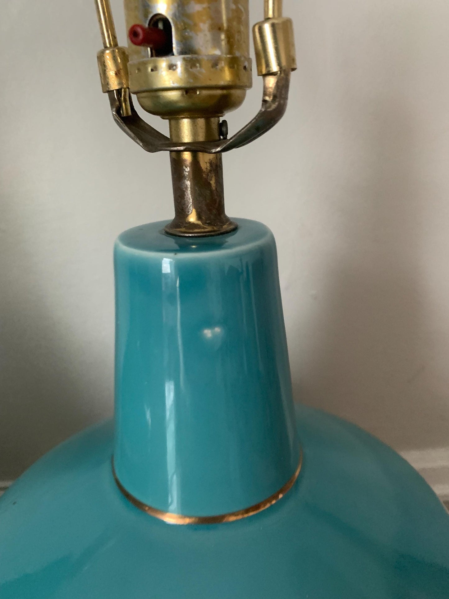 Pair of MCM Deep Turquoise and Gold Ceramic Lamps No Shade