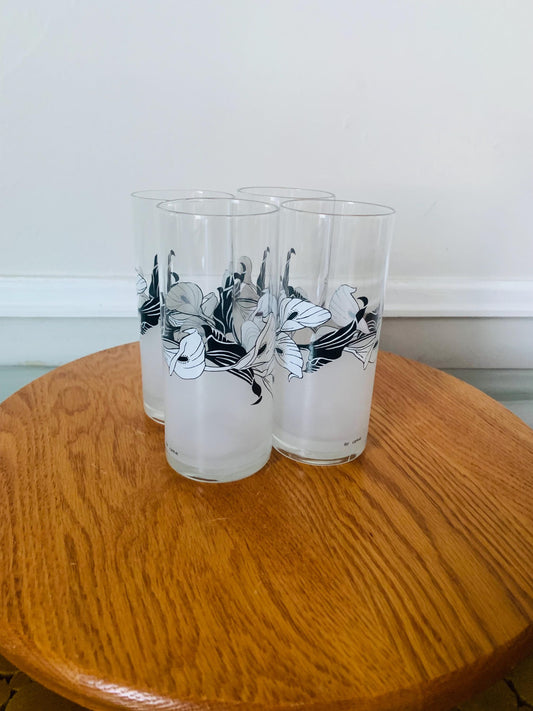 Vintage Set of 4 Cerve Highball Black and White Irises Frosted Glass Tumblers Made in Italy