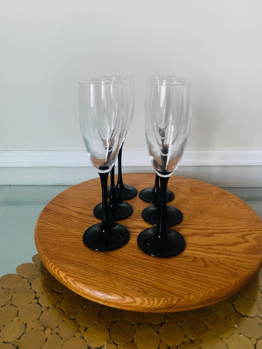 Vintage Set of 6 Black Stem Champagne Flutes