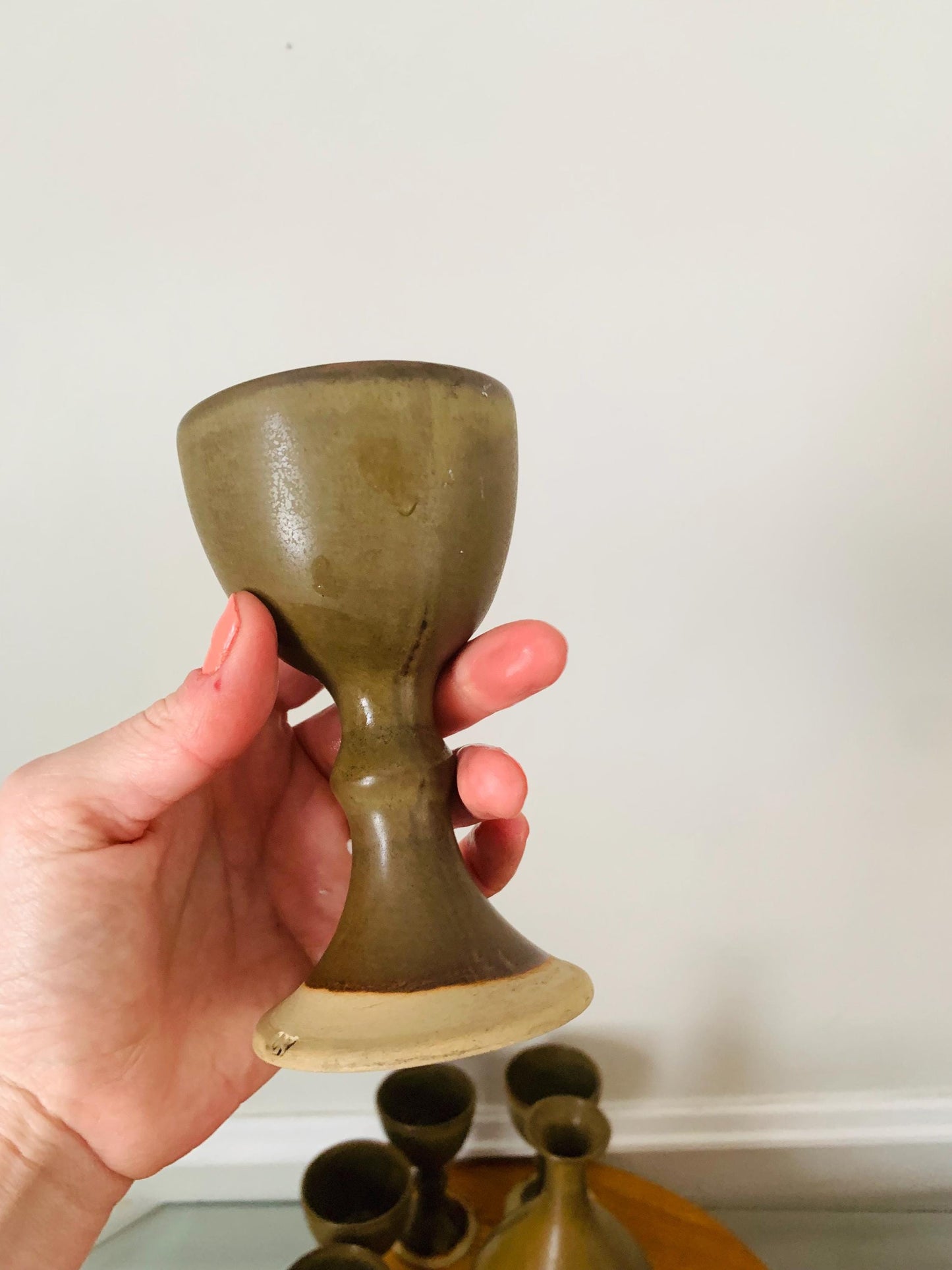 Set of 6 Hand Made Neutral Pottery Goblets with Matching Decanter
