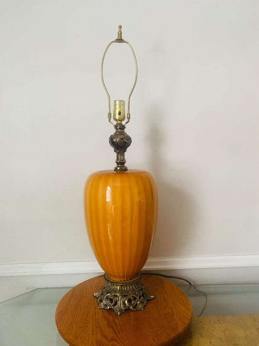 Antique Blown Striped Mustard Glass Lamp with Brass Base No Shade