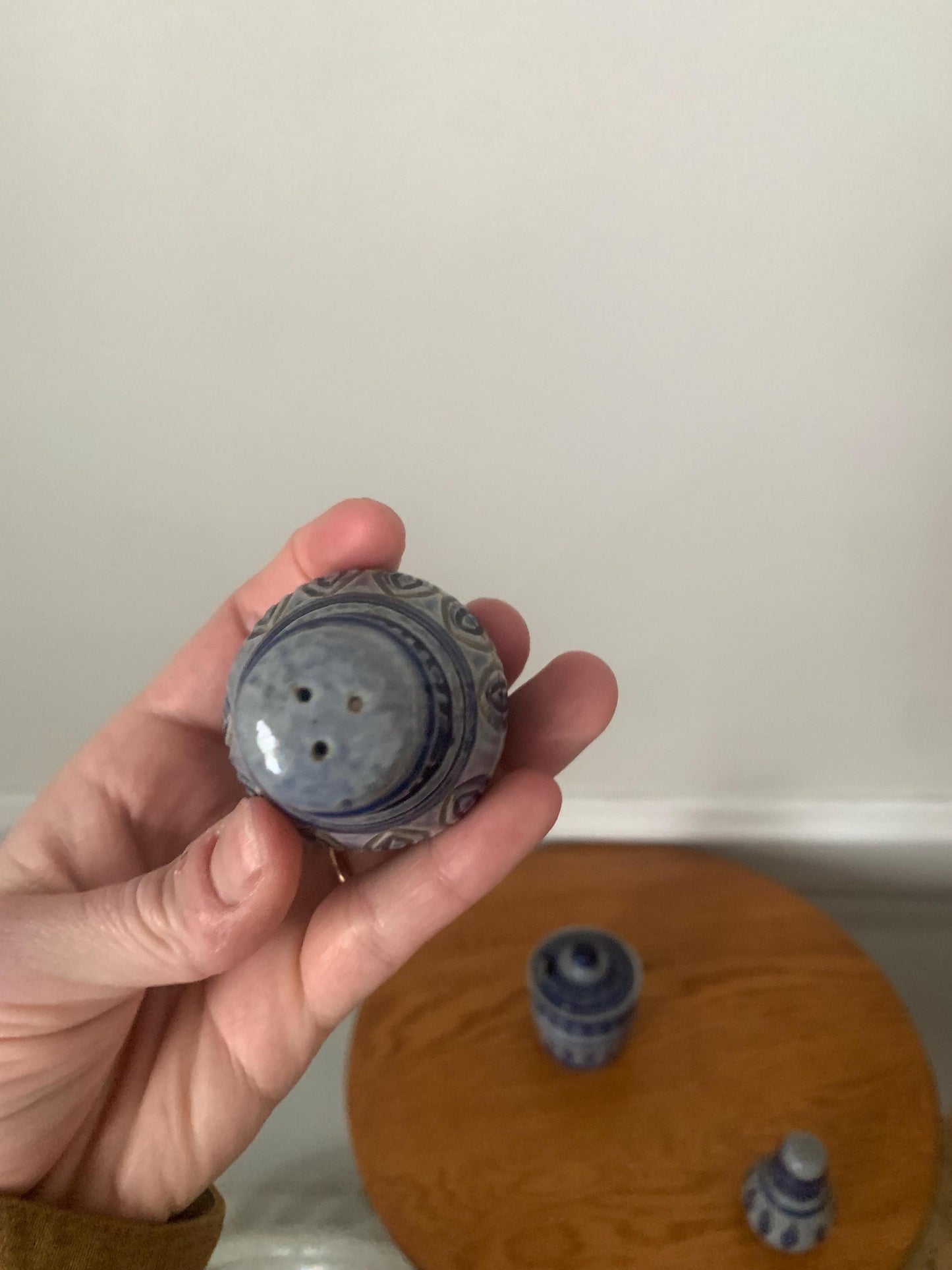Pair of Small Vintage Salt Glazed Stoneware Cobalt Blue & Gray Salt and Pepper Shakers