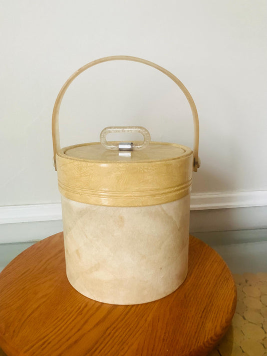 MCM Kraftware Cream Vinyl Ice Bucket with Lucite Handle Made in USA