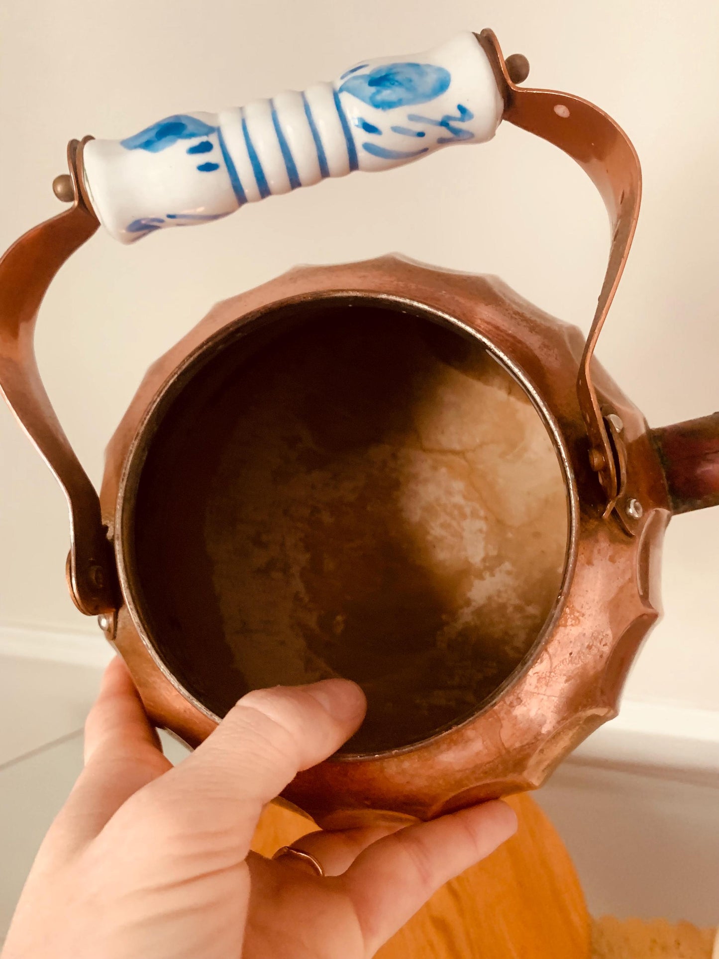 Vintage Copper Kettle with Delft Porcelain Handle Made in Korea