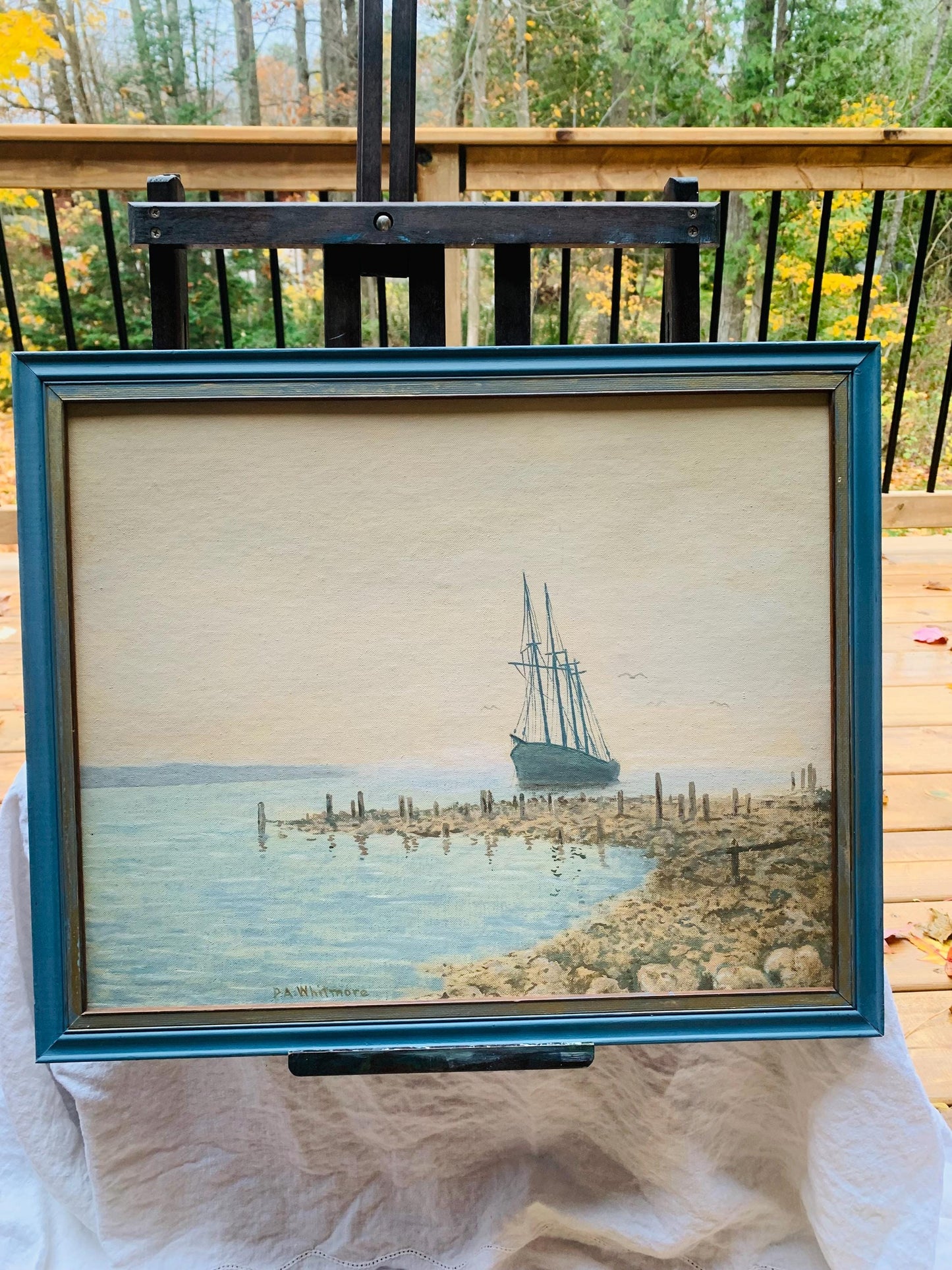 Medium Vintage P.A.Whitmore Sailboat Painting in Blue Wood Frame