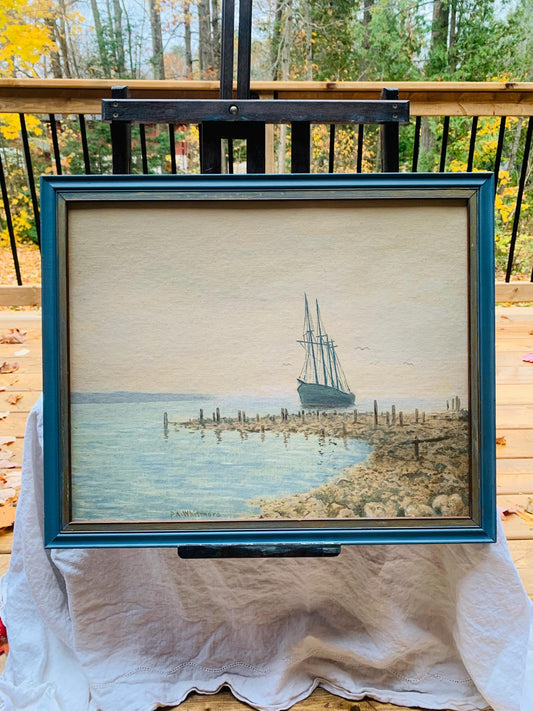 Medium Vintage P.A.Whitmore Sailboat Painting in Blue Wood Frame