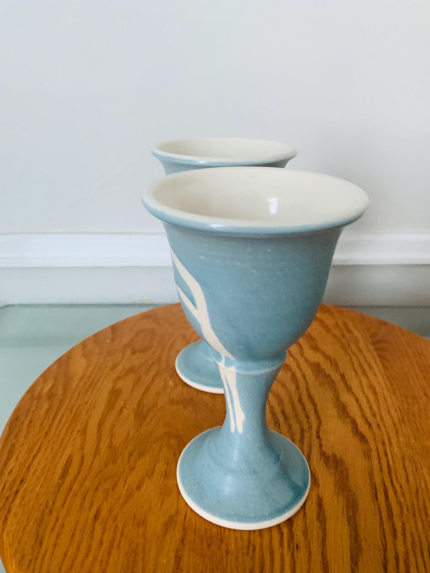 Pair of Handmade Blue and Natural Pottery Goblets