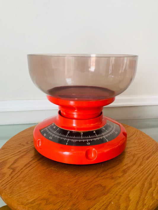 MCM Red Plastic Analog Kitchen Scale with Bowl Attachment Made in Hungary