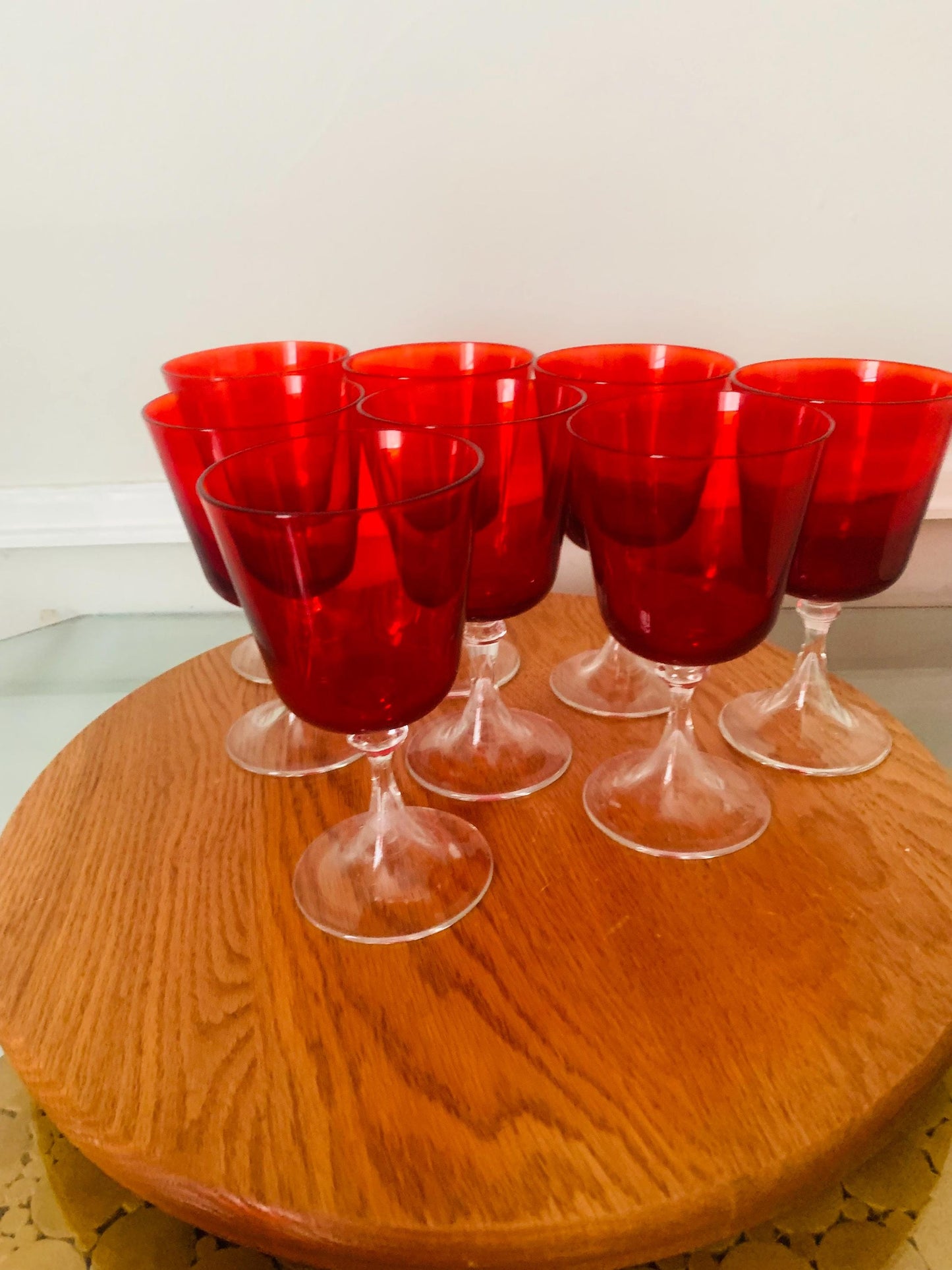 Set of 8 Vintage Ruby Red Bowl Wine Glasses with Clear Base