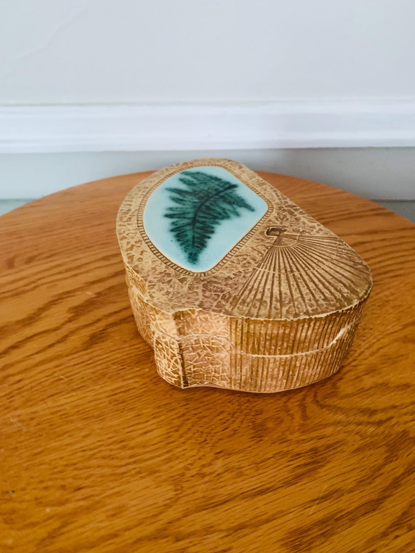 Handmade Neutral Lidded Pottery Dish with Ceramic Fern