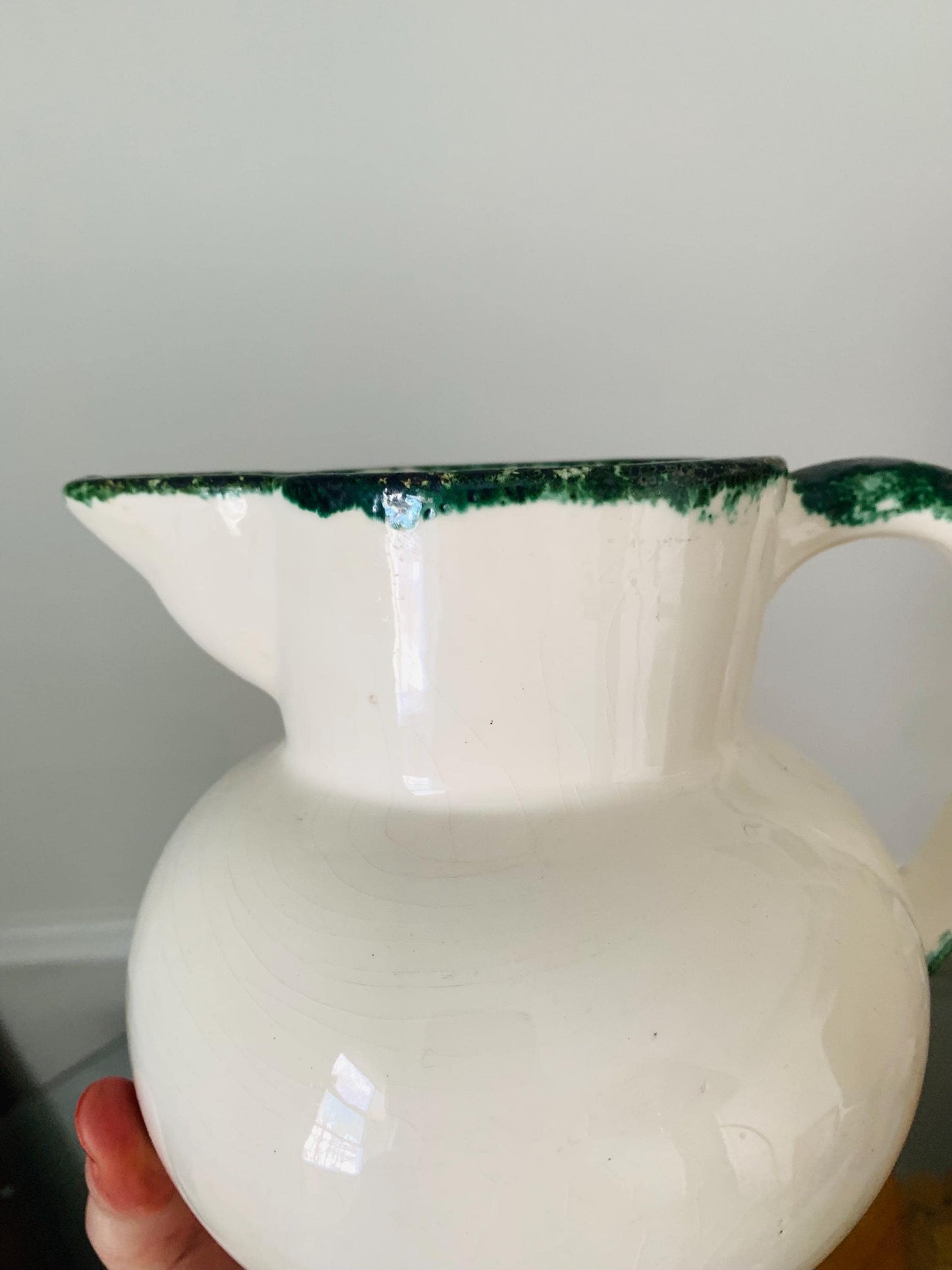 Vintage White Ceramic Pitcher with Green Sponge Ware Details Made in Portugal