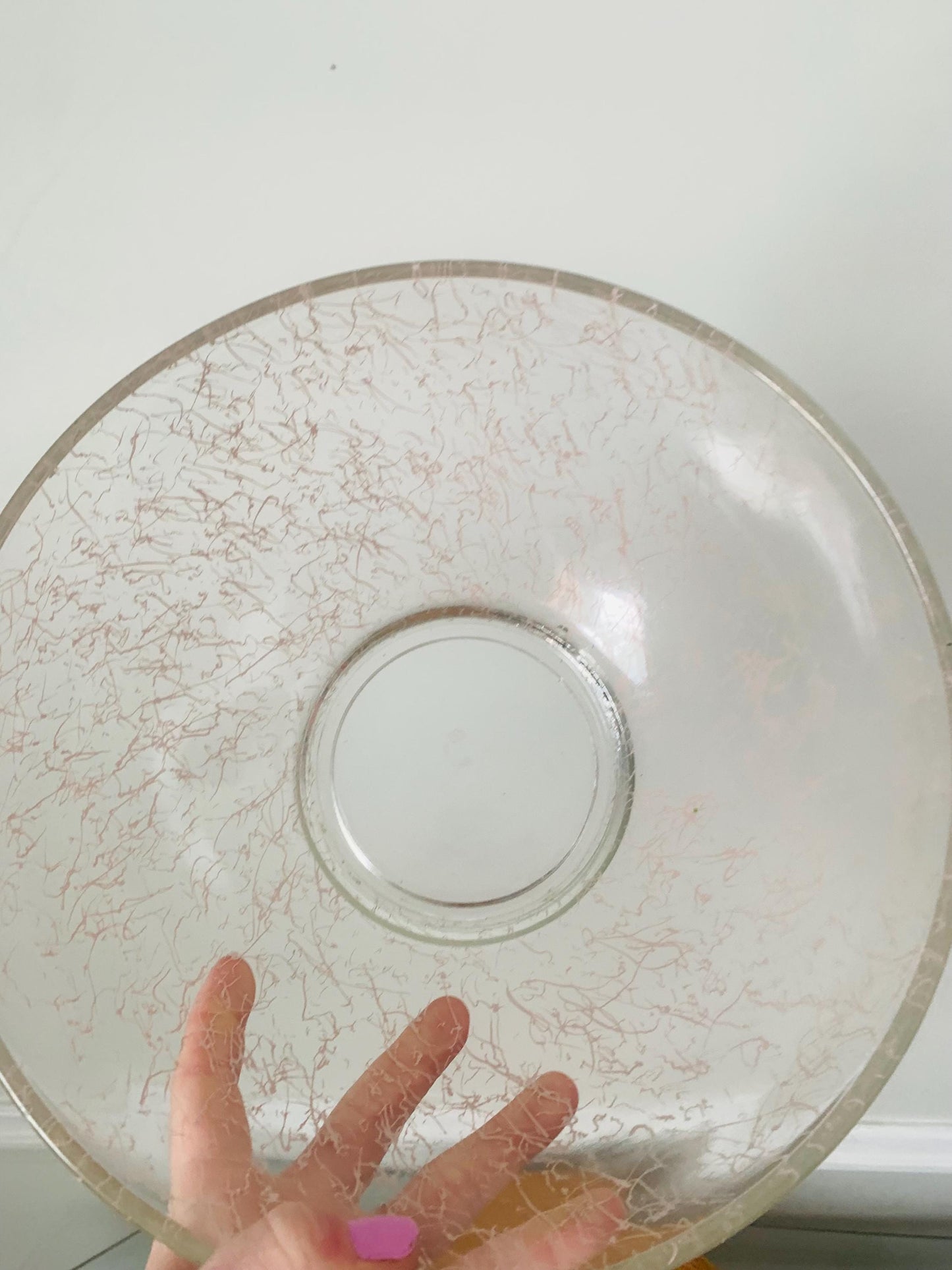 MCM Large Clear Glass Bowl with Pink Splatter Design