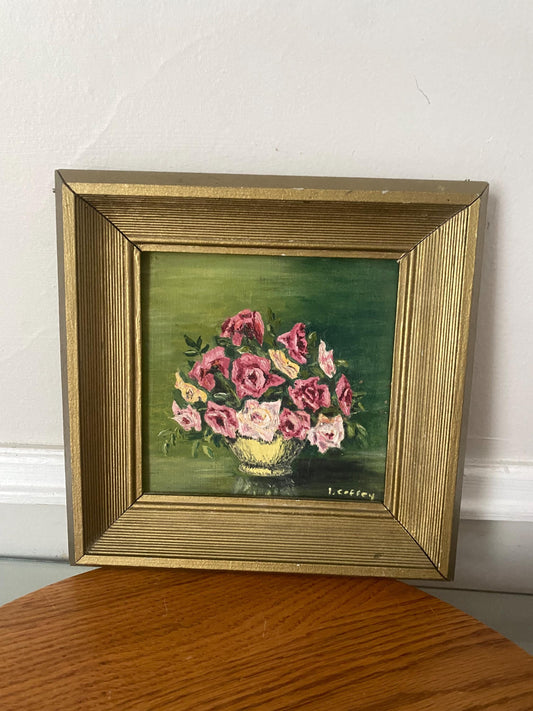 Small Vintage Pink Floral Painting in Square Gold Wood Frame
