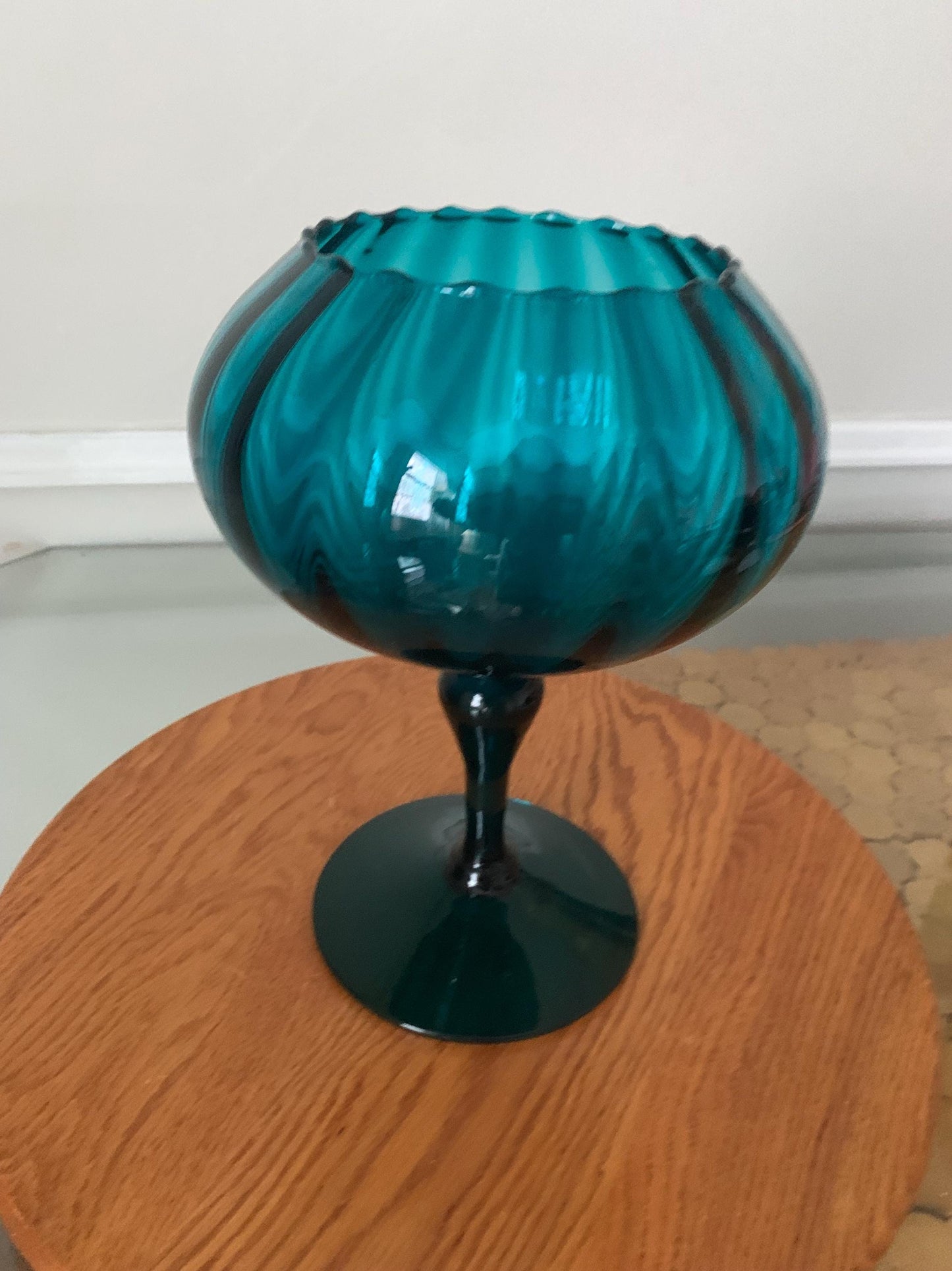 MCM Tall Aqua Blue Footed Glass Dish