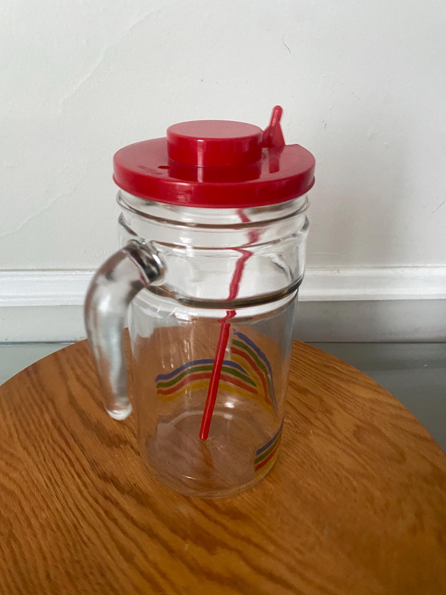 Retro Clear Glass Pitcher with Red Lid Made Rainbow Detail and Stir Stick