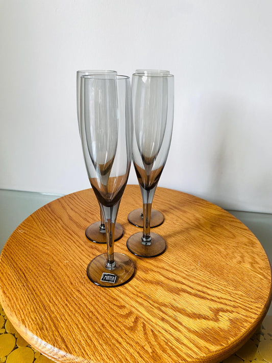 Set of 4 Vintage Tall Mikasa Belgium Smokey Gray Glass Champagne Flutes