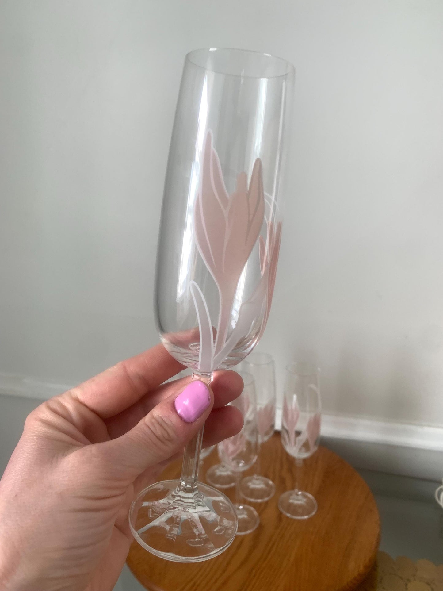 Set of 6 Vintage Czechoslovakian Bohemian Hand Painted Pink Tulip Crystal Champagne Glasses