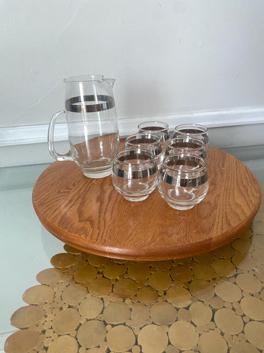 Vintage Set of 7 Teeny Roly Poly Glasses with Silver Stripe and Matching Pitcher