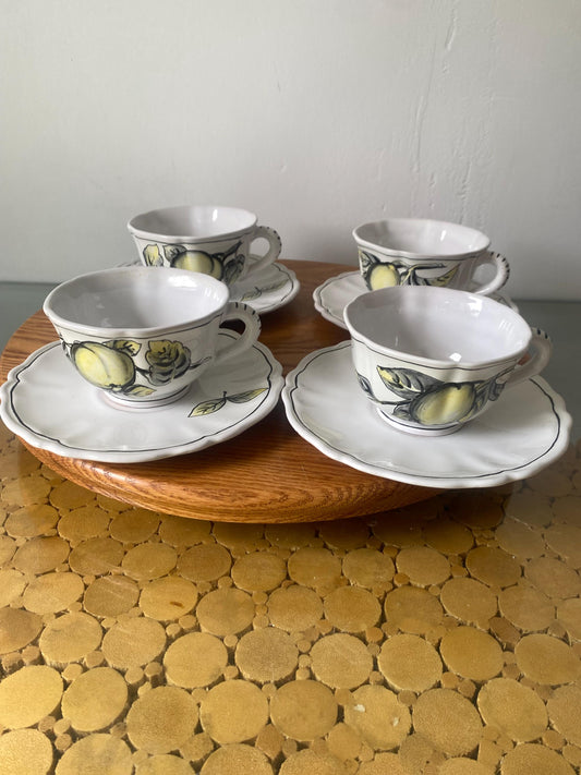 Vintage Set of 4 Hand Painted Ceramic Cups with Apples and Lemons and Saucers Made in Italy
