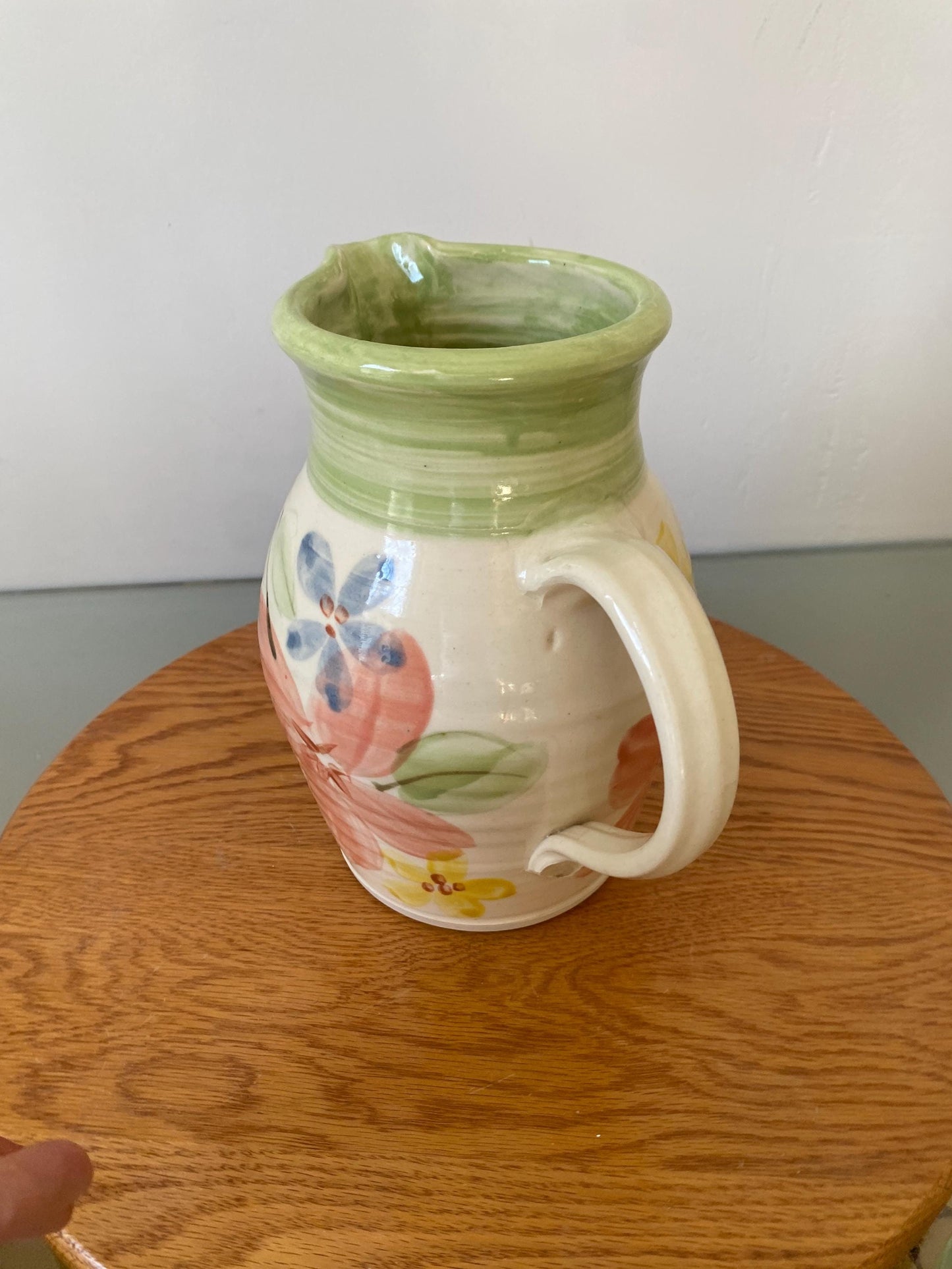 Handmade Pink Flower Ceramic Pitcher with Green Top
