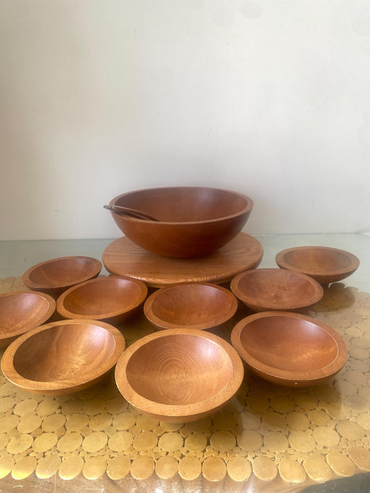 Vintage 1970s Maple Baribocraft 11 Piece Small Wood Bowl Set with Tongs