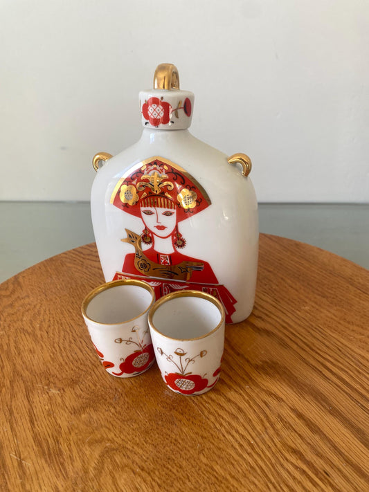 Vintage Hand Decorated Lomonosov Slavic Decanter with Pair of Shot Glasses made in St Petersburg