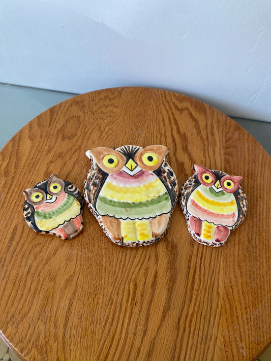 Retro Set of 3 Hand-Painted Ceramic Owls Wall Decor