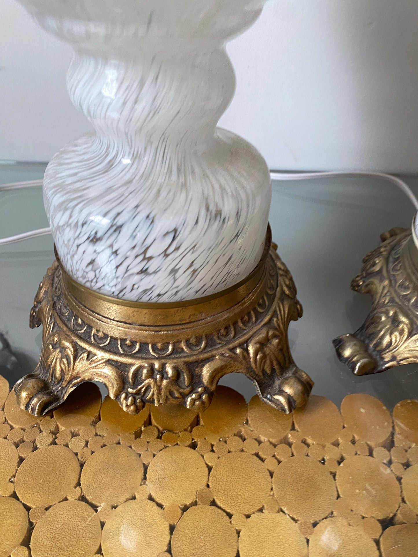 Pair of MCM White Clear Glass Swirl Lamps with Cast Metal Claw Feet Base No Shades