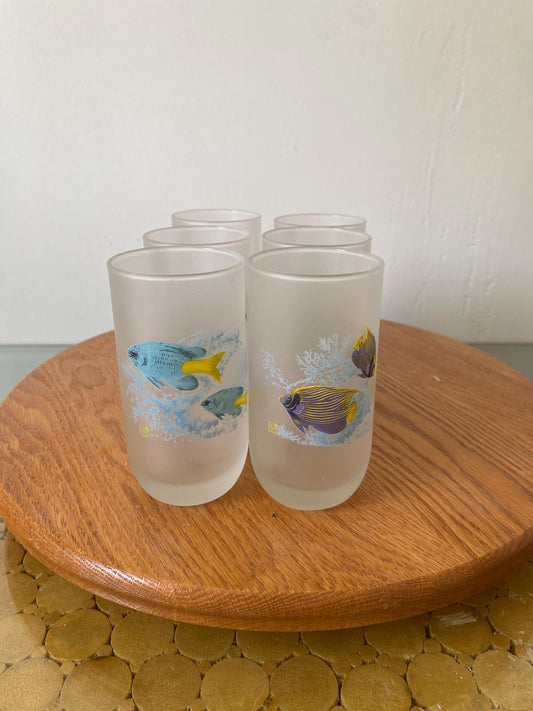 Retro Set of 6 Frosted Glass Tumblers with Tropical Fish