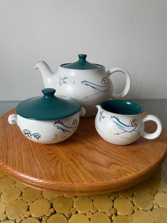 Vintage Denby Flair Rooster Stoneware Teapot with Cream and Sugar Made in England