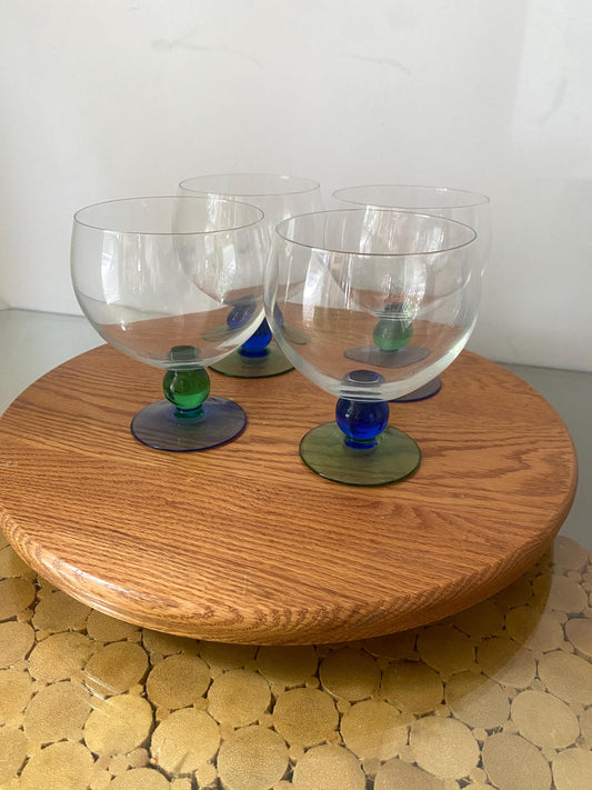 Retro Set of 4 Wide Mouth Cocktail Glasses with Blue and Green Stem