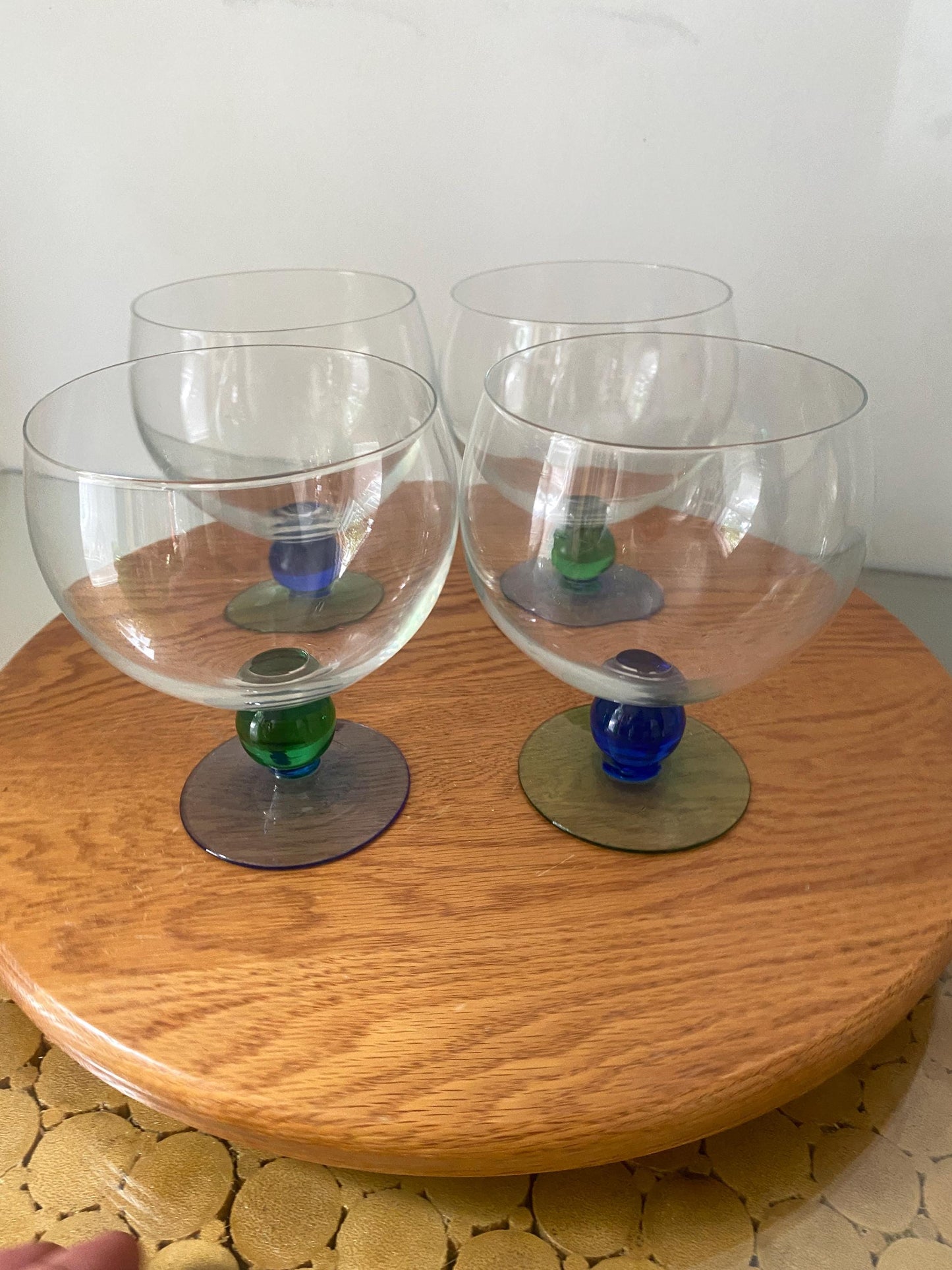 Retro Set of 4 Wide Mouth Cocktail Glasses with Blue and Green Stem