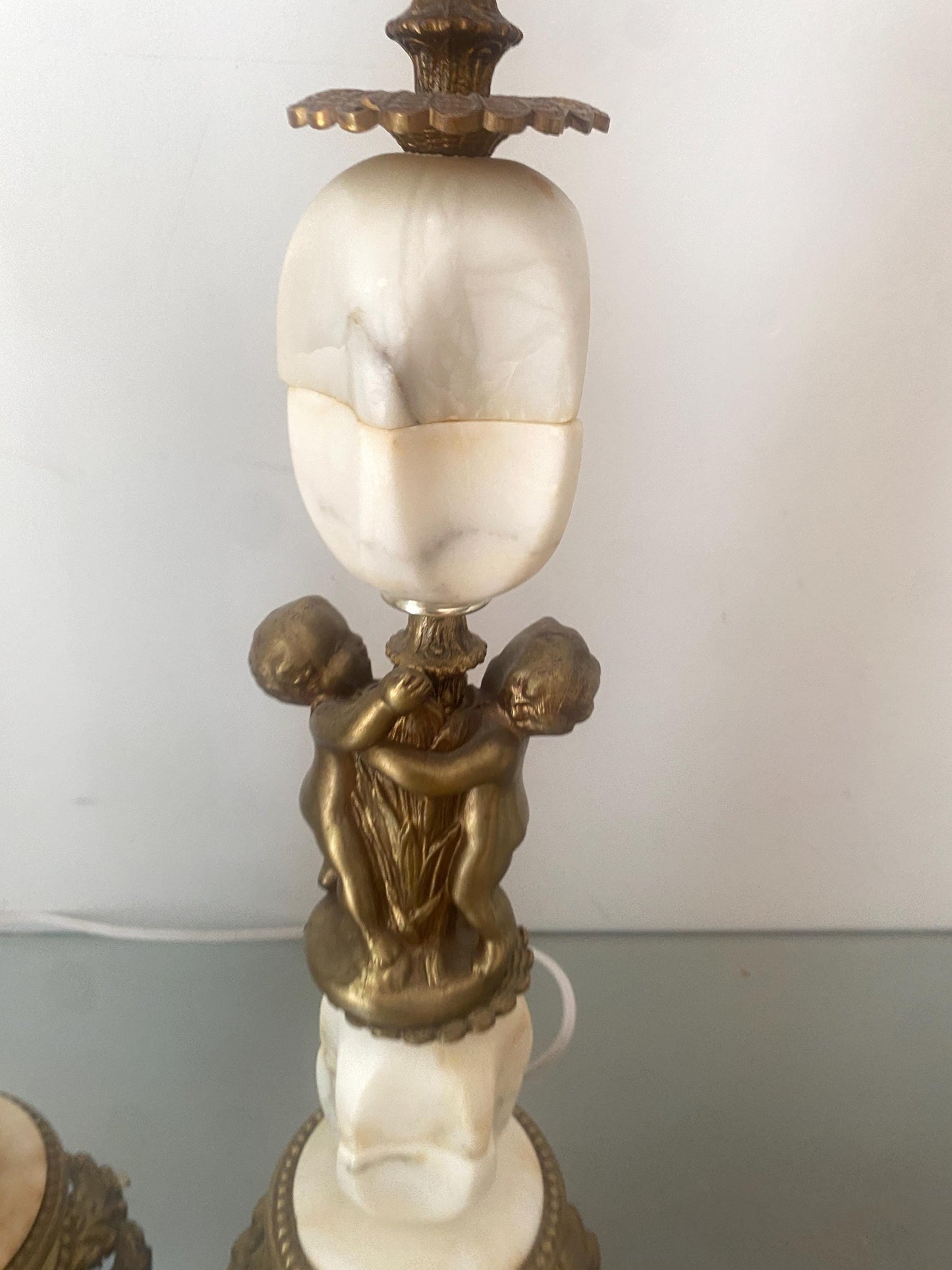 Pair of Gorgeous Marble Table Lamps with Brass Cherubs Made in Italy