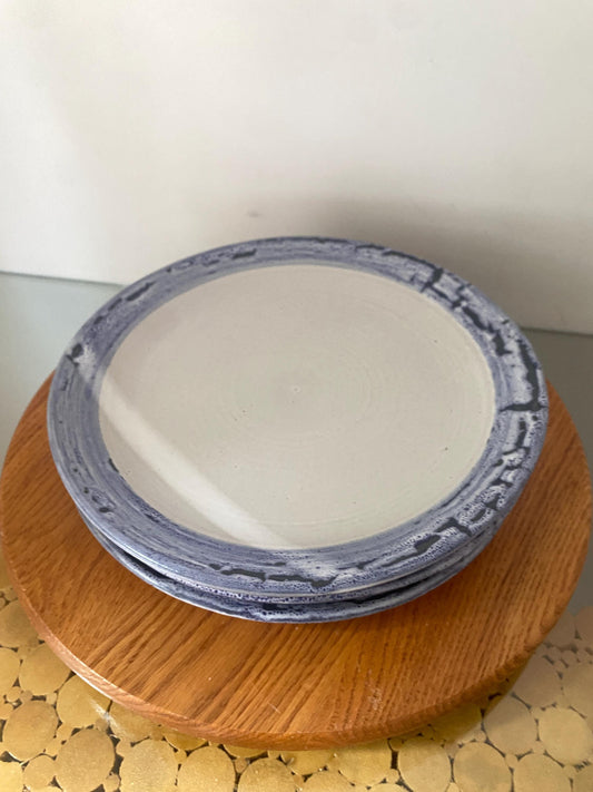Hand Made Set of 4 Periwinkle Blue Rimmed Pottery Dinner Plates Made in Canada