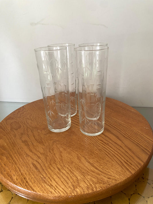 Vintage Libbey Set of 4 Clear Tom Collins Tumblers with Etched Bamboo