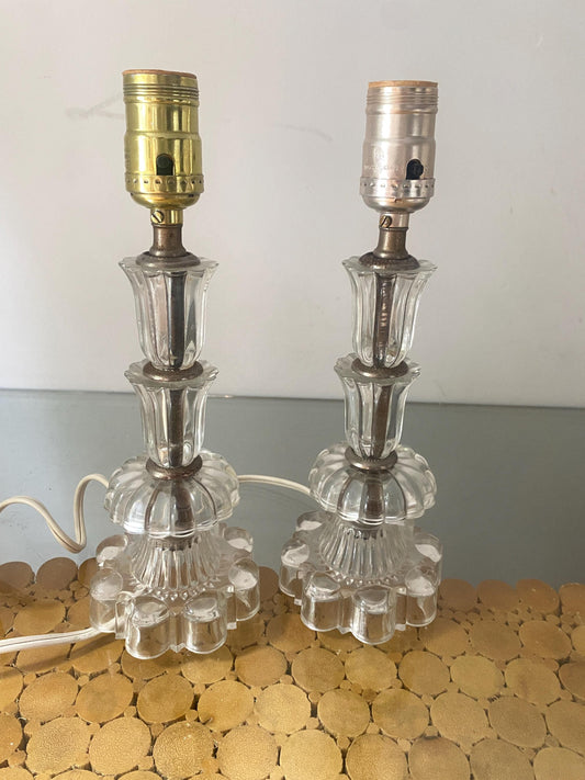 Pair of Vintage Small Clear Glass Accent Table Lamp No Shades