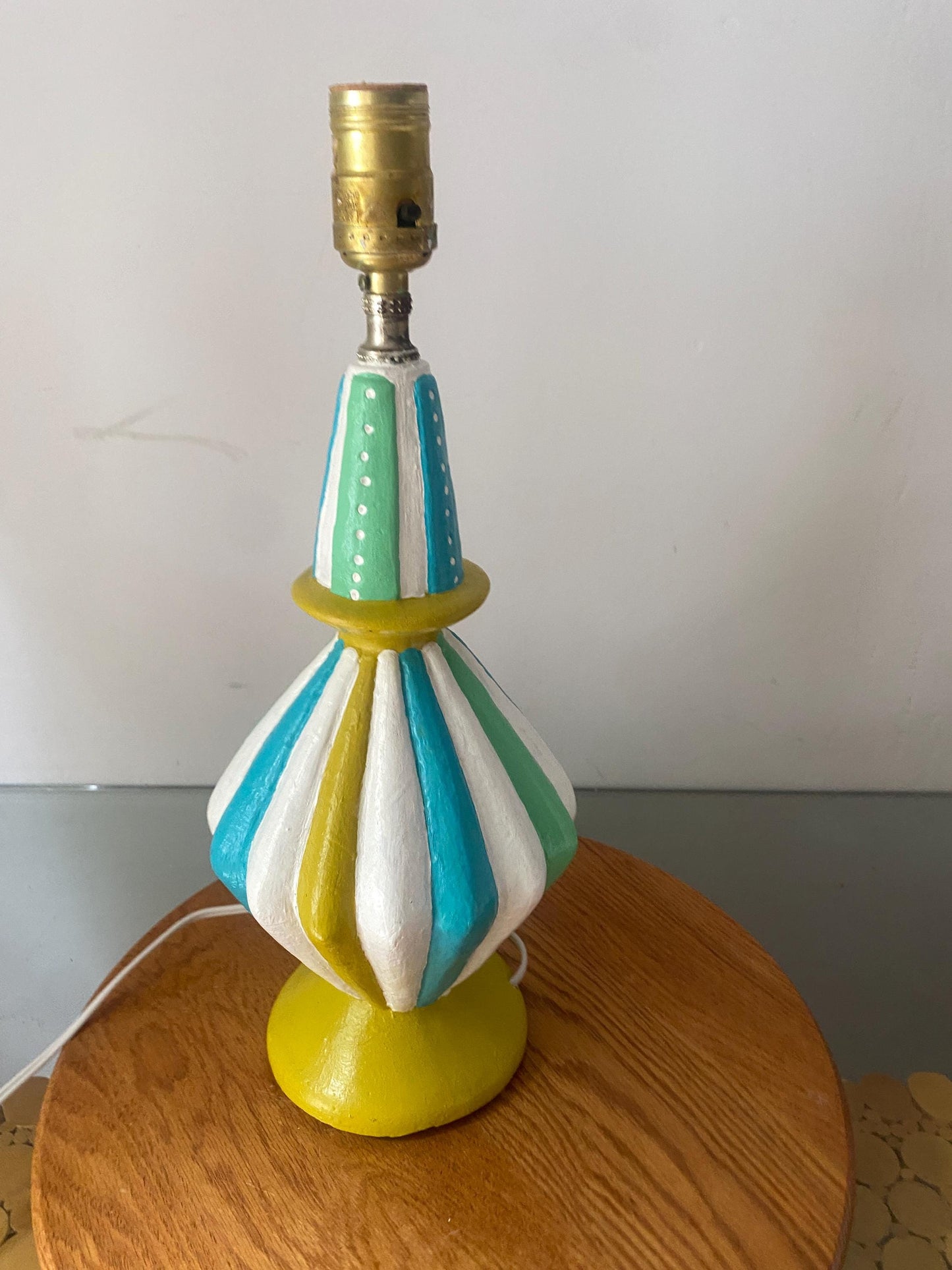 Medium MCM Freshly Painted Blue Yellow and White Chalkware Table Lamp No Shade